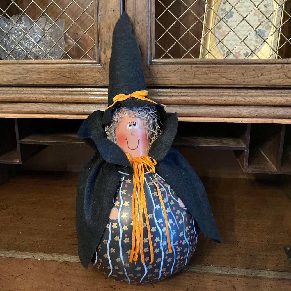 Gourd Witch Sculpture Hand Designed and Painted Unique Halloween Decor 18" High